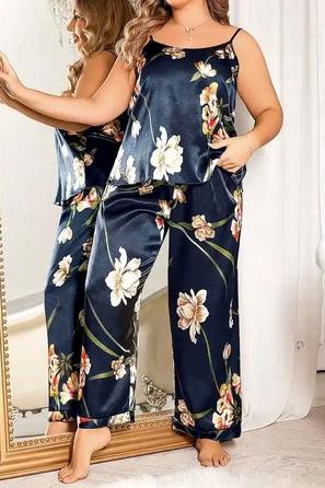 Lacivert Saten İp Askılı Çiçek Desenli Kadın 2 li Pijama Takımı