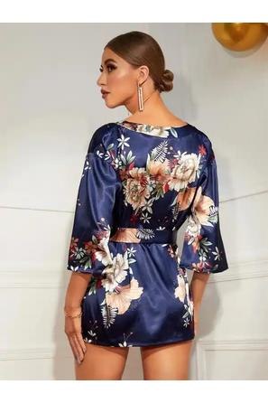 Lacivert Saten Kimono Kol Çiçek Desenli Kadın Sabahlık