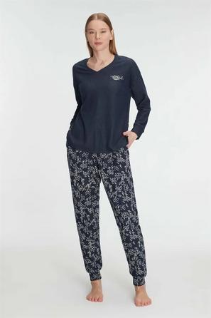 Lacivert Uzun Kollu V Yaka Çiçek Desenli Kadın Pijama Takımı