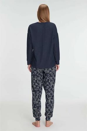 Lacivert Uzun Kollu V Yaka Çiçek Desenli Kadın Pijama Takımı