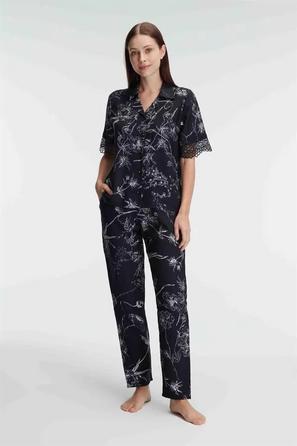 Lacivert Viskon Dokuma Çiçek Desenli Dantel Detaylı Kadın Kısa Kollu Pijama Takımı