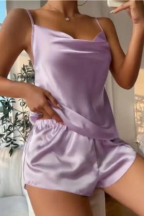 Lila Saten İnce Askılı Fantezi Şortlu Takım
