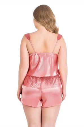 Mercan Saten Dantelli Kadın Şortlu Pijama Takımı Büyün Beden 