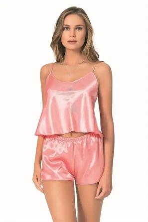 Mercan Saten Kelebek Taş Detaylı Kadın İp Askılı Fantezi Şortlu Takım 