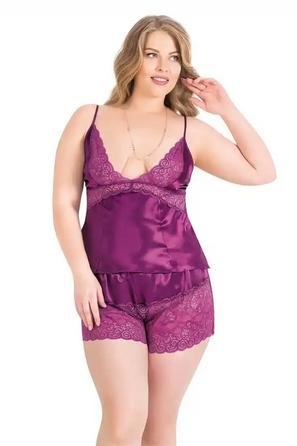 Mor Dantel Detaylı Saten Babydoll Şort Takımı