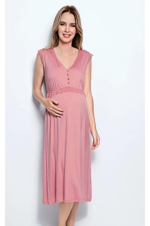 Dantelli Önü Düğmeli Pembe Hamile Lohusa Gecelik