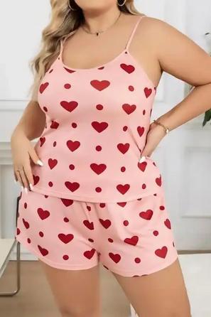 Pembe Pamuklu İnce Askılı Kalp Desenli Bayan Büyük Beden Şortlu Pijama Takımı