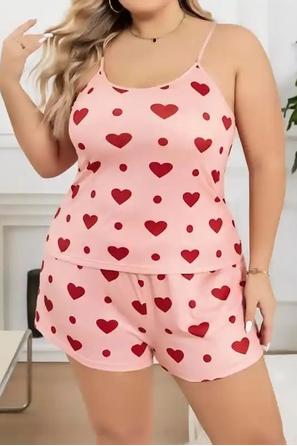 Pembe Pamuklu İnce Askılı Kalp Desenli Bayan Büyük Beden Şortlu Pijama Takımı