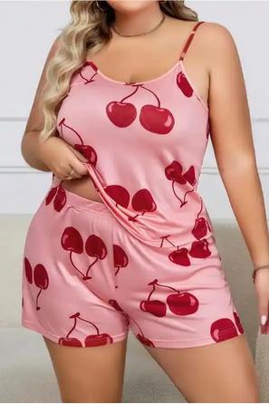 Pembe Pamuklu İnce Askılı Kiraz Desenli Büyük Beden Bayan Şortlu Pijama Takımı