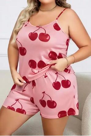 Pembe Pamuklu İnce Askılı Kiraz Desenli Büyük Beden Bayan Şortlu Pijama Takımı