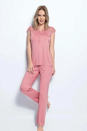 Yakası Kolu ve Omzu Dantelli Önü Düğmeli Pembe Pijama Takımı