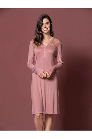 Yakası ve Omzu Dantelli Önü Düğmeli Büyük Beden Pembe Gecelik
