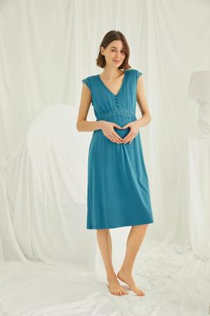 Petrol Mavisi Önü Düğmeli Dantelli Hamile ve Lohusa Gecelik 