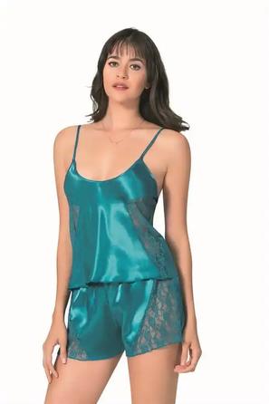 Petrol Saten Dantel Detaylı Kadın İp Askılı Fantezi Şortlu Takım