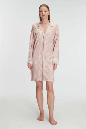 Pudra Pamuk Modal Uzun Kollu Düğmeli Dantel Manşetli Kadın Gecelik