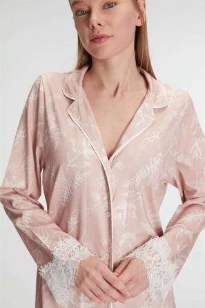 Pudra Pamuk Modal Uzun Kollu Düğmeli Dantel Manşetli Kadın Gecelik