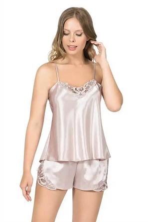 Pudra Saten Dantel Detaylı Kadın İp Askılı Fantezi Şortlu Takım 