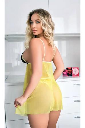 Sarı Tül Dantel Detaylı Kadın İnce Askılı Gecelik Takım