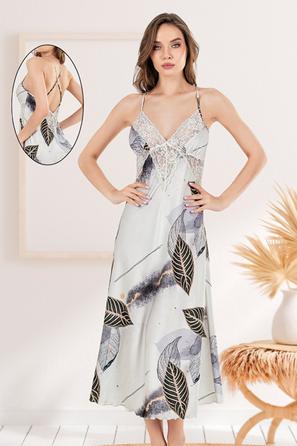 Saten Yaprak Desenli Dantel Detaylı Askılı Tunik 