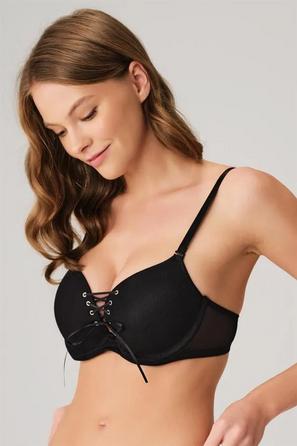 Siyah Balenli Destekli Dolgulu Askıları Çıkarılabilir Yaka Detaylı Kadın Tişört Sütyeni