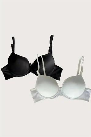 Siyah Beyaz Ayarlanabilir Askılı Push Up Dolgulu Balenli Kadın Sütyen 2 li Set