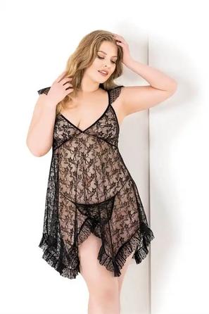 Siyah Dantel Askılı Büyük Beden Fantezi Kısa Tül Gecelik 