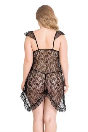 Siyah Dantel Askılı Büyük Beden Fantezi Kısa Tül Gecelik 