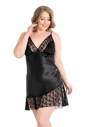 Siyah Dantelli Büyük Beden Kısa Saten Gecelik