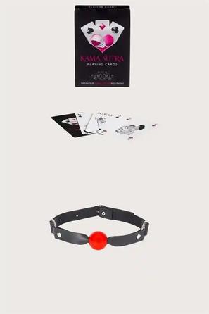 Siyah Kırmızı Suni Deri Ağız Topu ve Kama Sutra Oyun Kartı Seti