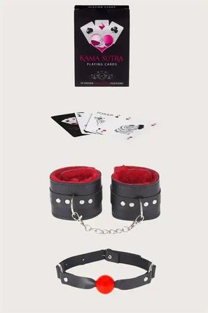 Siyah Kırmızı Suni Deri Peluş Astarlı Kelepçe ve Ağız Topu Kama Sutra Oyun Kartı Seti