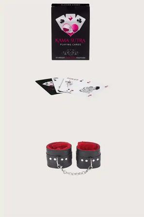 Siyah Kırmızı Suni Deri Peluş Astarlı Kelepçe ve Kama Sutra Oyun Kartı Seti