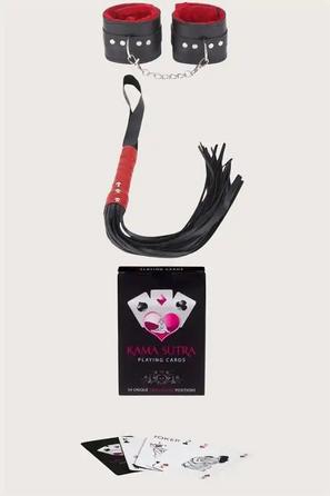Siyah Kırmızı Suni Deri Peluş Astarlı Kelepçe ve Kırbaç Kama Sutra Oyun Kartı Seti