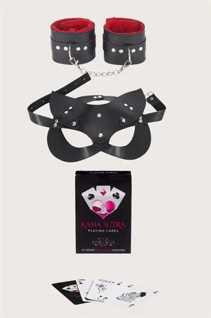 Siyah Kırmızı Suni Deri Peluş Astarlı Kelepçe ve Maske Kama Sutra Oyun Kartı Seti