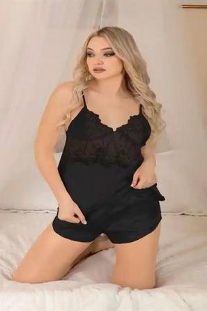 Siyah Saten Dantel Detaylı Kadın İp Askılı Fantezi Şortlu Pijama Takımı