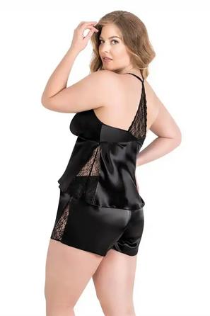 Siyah Saten Dantelli Büyük Beden Şortlu Takım