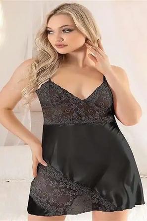 Siyah Saten İnce Askılı Dantel İşlemeli Kadın Gecelik