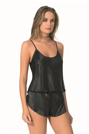 Siyah Saten Kadın İp Askılı Fantezi Şortlu Takım 