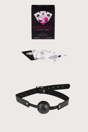 Siyah Suni Deri Ağız Topu ve Kama Sutra Oyun Kartı Seti