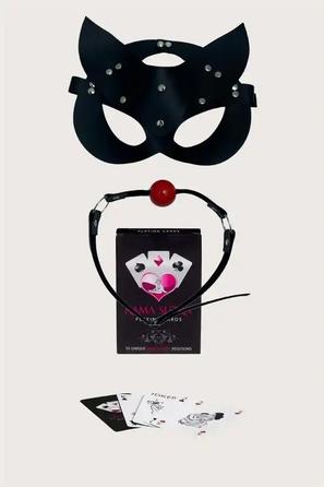 Siyah Suni Deri Ağız Topu ve Maske Kama Sutra Oyun Kartlı Set