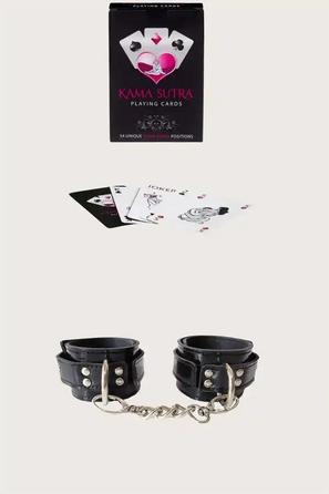 Siyah Suni Deri Kelepçe ve Kama Sutra Oyun Kartı Seti