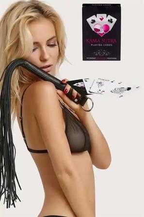 Siyah Suni Deri Kırbaç ve Kama Sutra Oyun Kartı Seti
