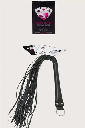 Siyah Suni Deri Kırbaç ve Kama Sutra Oyun Kartı Seti
