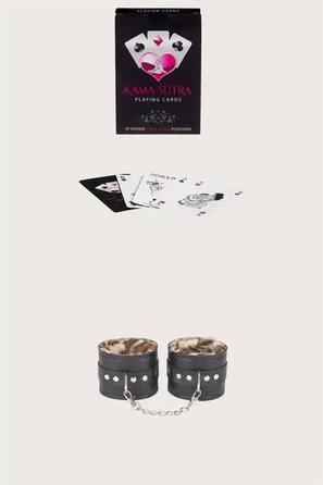 Siyah Suni Deri Leopar Peluş Astarlı Kelepçe ve Kama Sutra Oyun Kartı Seti
