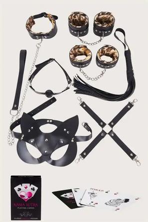 Siyah Suni Deri Leopar Peluş Detaylı Kama Sutra Oyun Kartlı 7li Harness Set