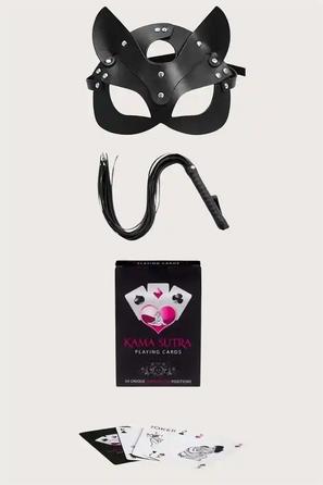 Siyah Suni Deri Maske ve Kırbaç Kama Sutra Oyun Kartı Seti