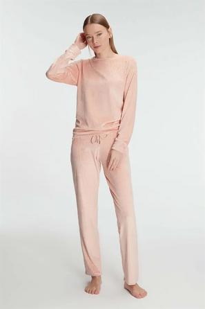 Somon Rengi Kadife Uzun Kollu Kadın Pijama Takımı