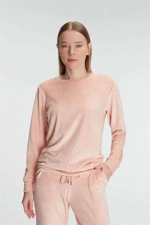 Somon Rengi Kadife Uzun Kollu Kadın Pijama Takımı