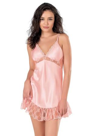 Somon Rengi Saten Dantel Detaylı Kadın İp Askılı Gecelik 