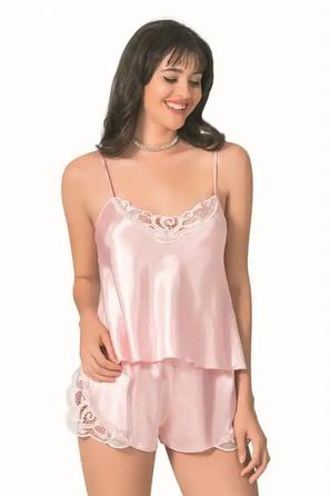 Somon Saten Dantel Detaylı Kadın İp Askılı Fantezi Şortlu Takım 