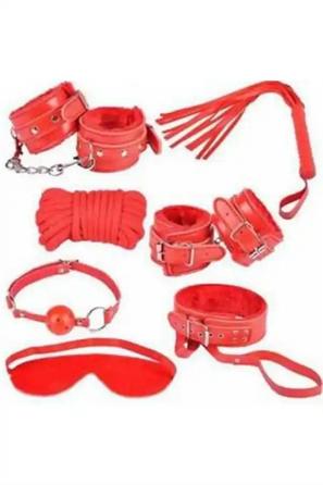 Suni Deri Peluş Astarlı Kelepçe Kırbaç Göz Bandı ve Halat Seti